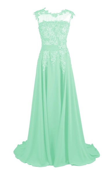 Chiffon Lace Appliqued Jeweled Cap-Sleeve A-Line Gown