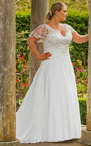 plunged Short Sleeve Appliqued plus Wedding Dress With Corset Back 