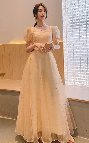 Square V-neck Queen Anne Tulle Floor-length Evening Formal Dress With Beading