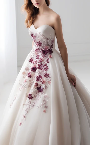 Sweetheart Floral Blush and White Ball Gown Satin Wedding Dress