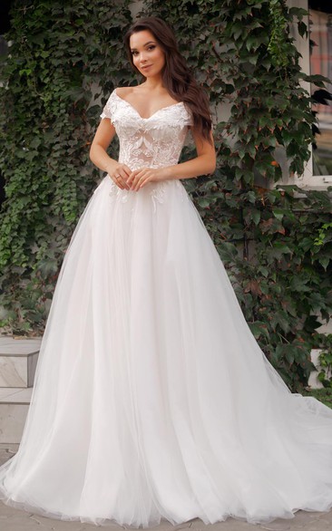 Simple Ball Gown Off-the-shoulder Tulle Sweep Train Wedding Dress with Ruching