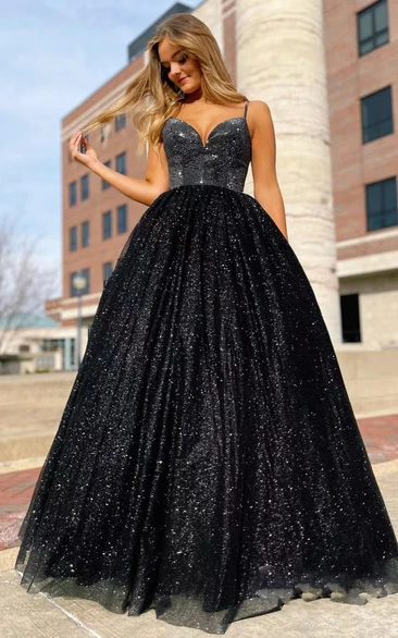 Sexy Ball Gown Spaghetti Floor-length Sleeveless Sequins Prom Dress