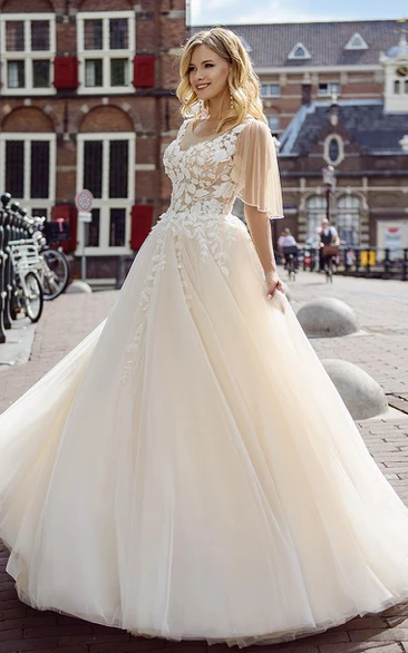 Elegant Ball Gown V-neck Tulle and Lace Court Train Wedding Dress with Ruching