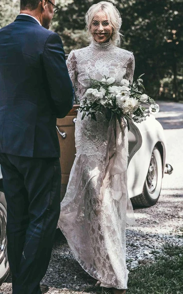 Long Sleeve Lace High-neck Sheath Sweep Train Wedding Dress with Keyhole Back