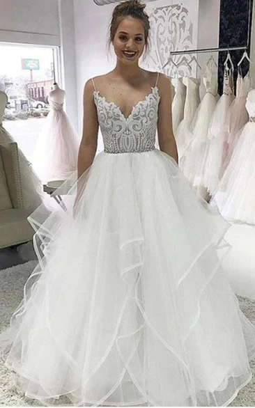 Spaghetti Lace A-line Tulle Ball Gown Flowy Dress