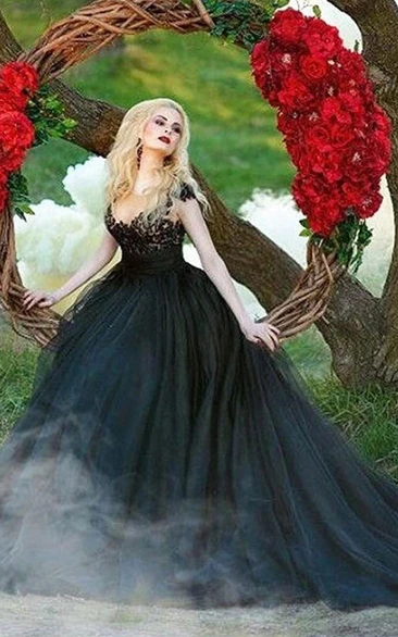 Gothic Black V Neck Cap Sleeve Ball Gown Tulle Wedding Dress with Ruching