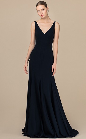 Simple Satin A Line Floor-length Sleeveless Prom Dress with V-neck