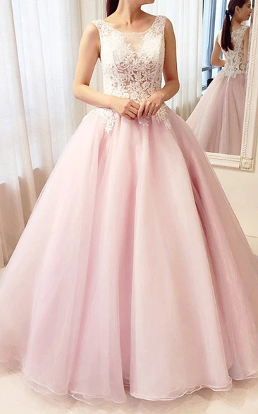 Ball Gown Sleeveless Lace Tulle Adorable Illusion Formal Dress with Ruffles