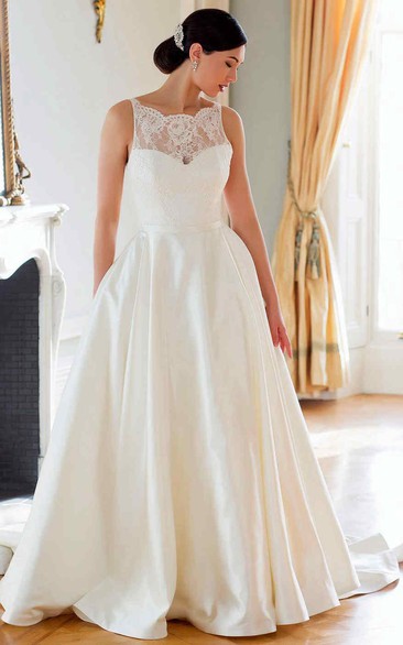 A-line Bateau Sleeveless Floor-length Satin/Lace Wedding Dress with Ruching