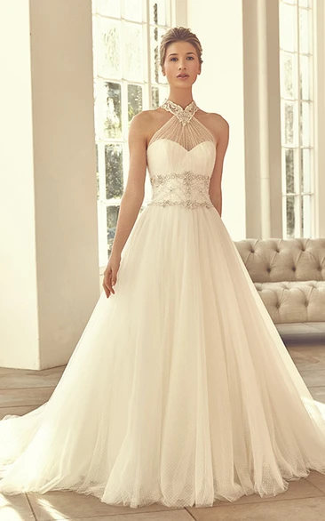 A-line High Neck Sleeveless Floor-length Tulle Wedding Dress with Beading