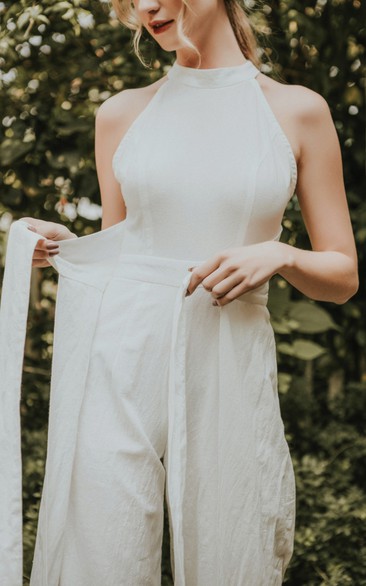 High Neck Empire Sleeveless Linen Material Bridal Jumpsuit with Sash