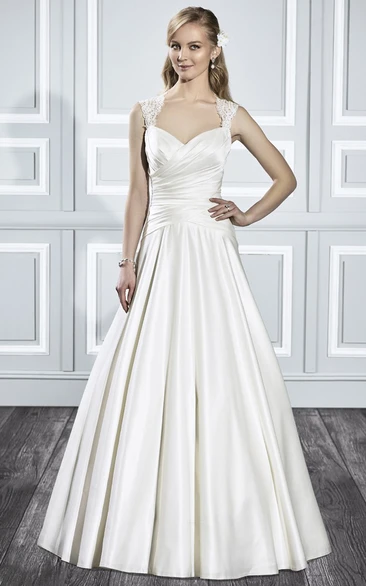 A-line Queen Anne Sleeveless Floor-length Satin Wedding Dress with Illusion and Criss cross