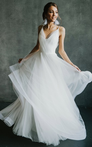 Sleeveless Deep-v Back Criss-cross Tulle Empire Ruched Casual Wedding Dress