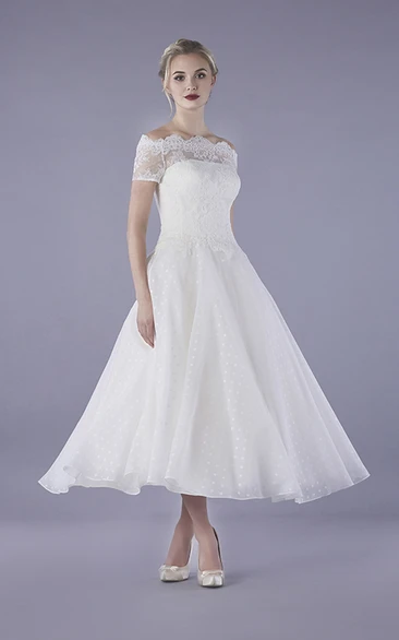 Vintage Bateau Illusion Lace Tulle Ankle Length Wedding Dress With Buttons