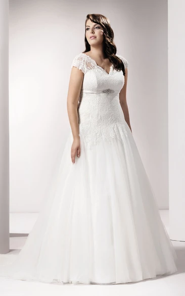 Short Sleeve V-neck Lace A-line Tulle plus size wedding dress With Appliques