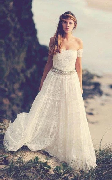 Off-the-shoulder A-line Empire Boho Wedding Dress with Beaded Waist