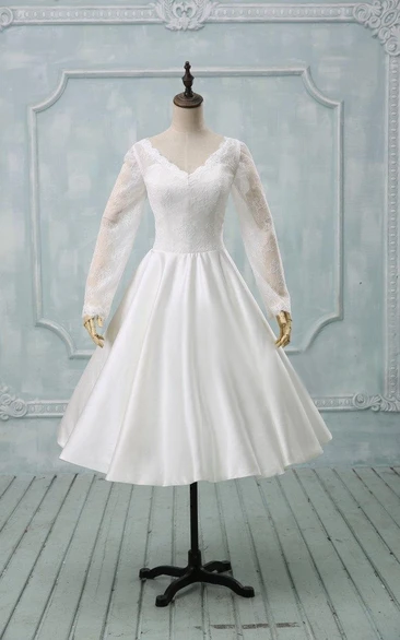 Tea-Length Illusion-Sleeve V-Neckline Wedding Gown
