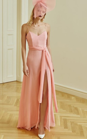 Casual Chiffon Spaghetti A Line Sleeveless Floor-length Guest Dress with Split Front