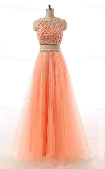 Floor-Length Sequined Tulle Long Two-Pieces A-Line Gown