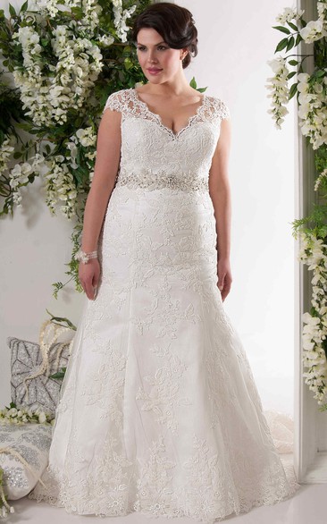 A-line V-neck Cap-Sleeves Floor-length Lace Wedding Dress with Lace-up and Keyhole