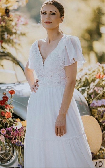 Bohemian Short Sleeve V-neck Lace A Line Floor-length Wedding Dress with Ruffles
