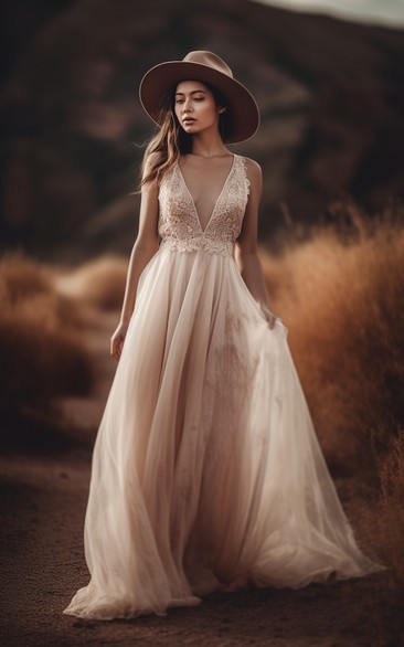 Sexy Plunged Country Lace Tulle Pleated Empire Boho Wedding Dress