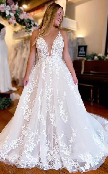 Sexy Spaghetti Plunged Lace Applique A-line Wedding Dress