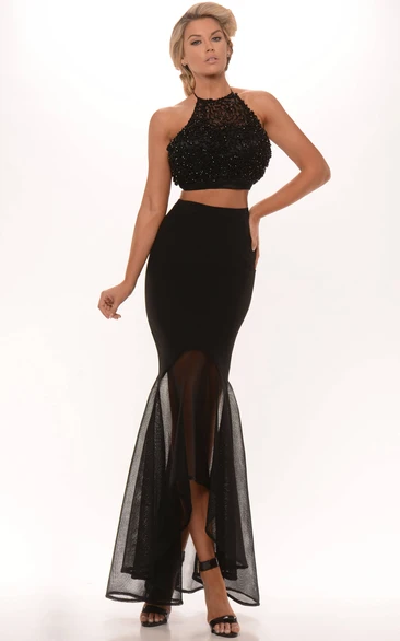 Trumpet Sequined High-Neck Split-Front Sleeveless High-Low Formal Dress