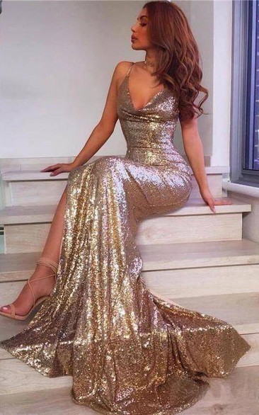 Sassy Spaghetti Plunged Sheath Front Split Sequin Backless Evening Dress