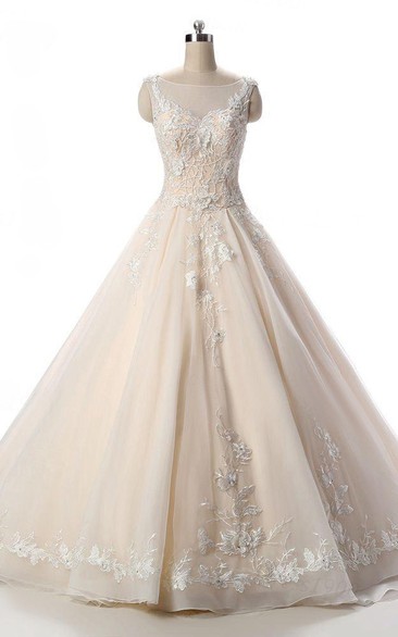 Bateau Sleeveless A-line Ball Gown With floral Appliques And Corset Back