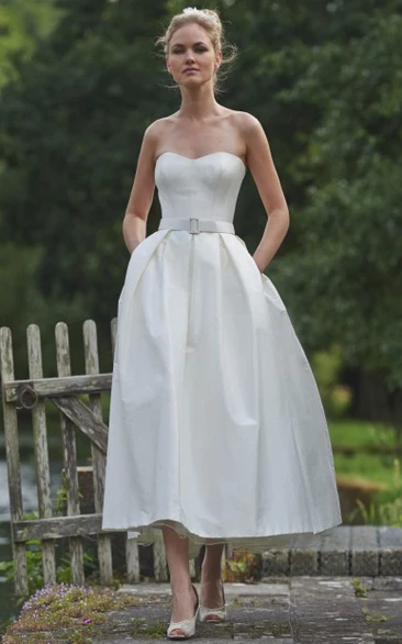 A Line Sweetheart Sleeveless Tea-length Taffeta Wedding Dress with Sash and Pleats