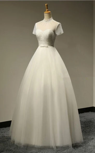 Bridal Short Sleeves Beaded Bodice A-Line High-Neckline Dress