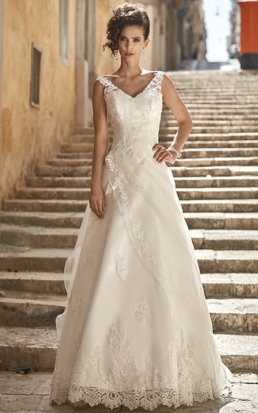 A-line V-neck Sleeveless Floor-length Satin/Lace Wedding Dress with Corset Back and Side Draping