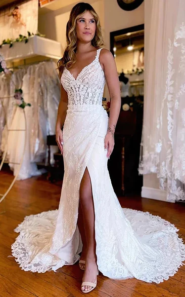 Lace Sheath Front Split Sleeveless Mermaid Draped Wedding Dress