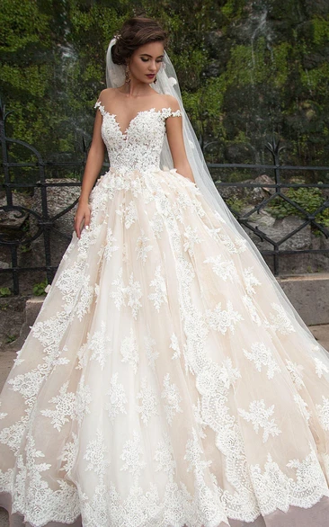 Jewel Rhinestone Floral Ball-Gown Princess Appliqued Illusion Dress