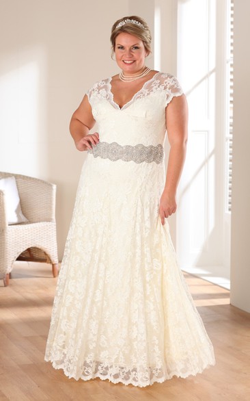 Elegant Plus Size V-Neck Cap-Sleeve Lace Wedding Dress with Beaded Waist
