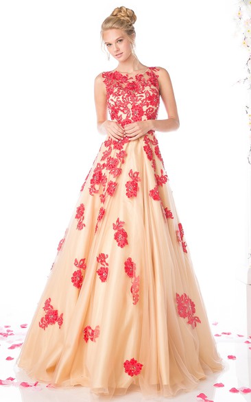 Ball Gown Scoop Sleeveless Floor-length Tulle/Satin Prom Dress with Illusion and Appliques