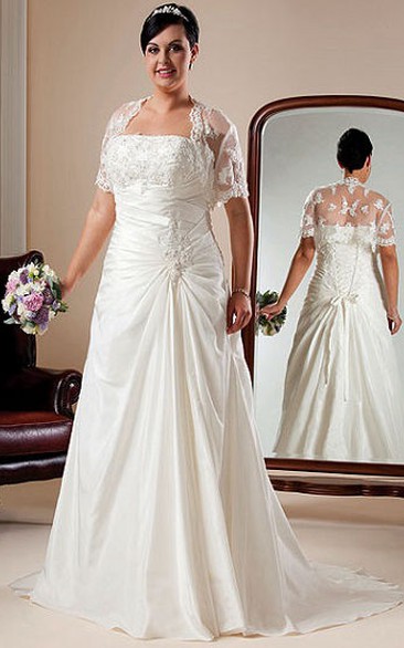 A-line Strapless Short Sleeve Floor-length Satin Wedding Dress with Illusion and Draping