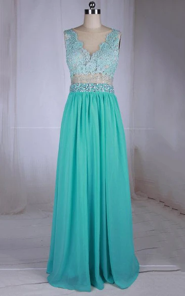 Lace Bodice Jewel Bateau-Neckline Long Dress