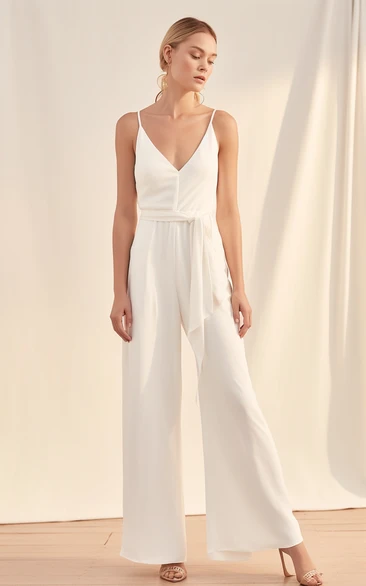 Spaghetti Straps V Neck Empire Chiffon Wide Leg Bridal Jumpsuit with Sash