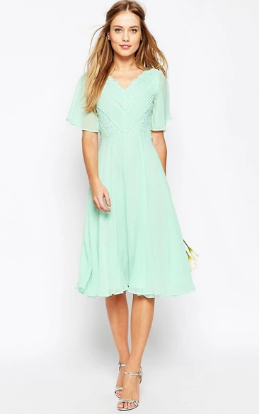 V-neck Poet-sleeve Chiffon Knee-length Dress With Ruching And Lace
