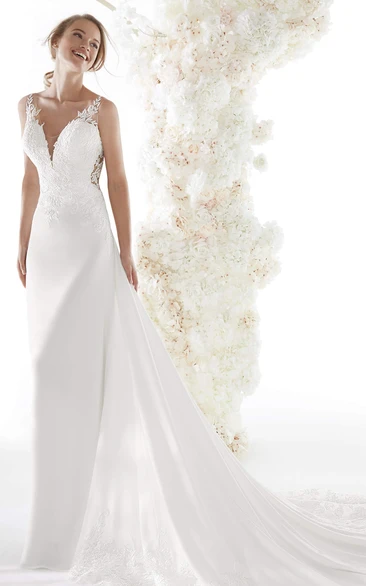 Sexy Plunging V-neck Backless Bridal Gown With Lace Appliques And Chapel Train