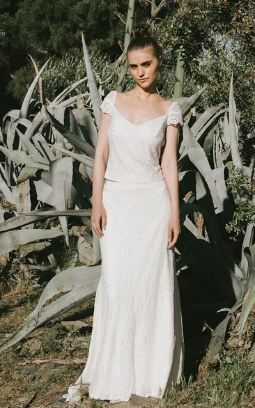 Simple Two Piece Lace Short Sleeve Bridal Gown