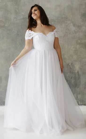 Plus Size Off-the-shoulder A Line Lace and Tulle Wedding Gown
