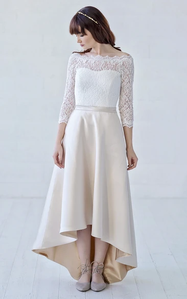 Off-the-shoulder High-low Lace And Satin 3/4 Illusion Sleeve With Button Back Wedding Dress