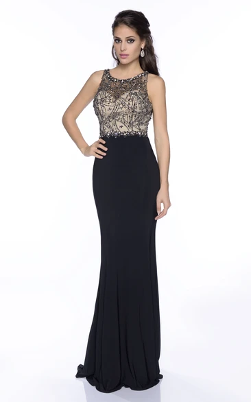 Sheath Scoop Sleeveless Floor-length Jersey Formal Dress with Keyhole and Beading