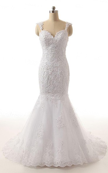 Lace Beaded Backless Trumpet Wedding Dress
