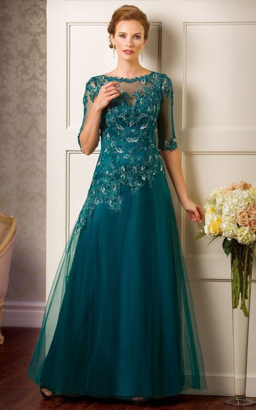 Scoop-neck Half Sleeve Tulle Mother of the Bride Dress With Appliques