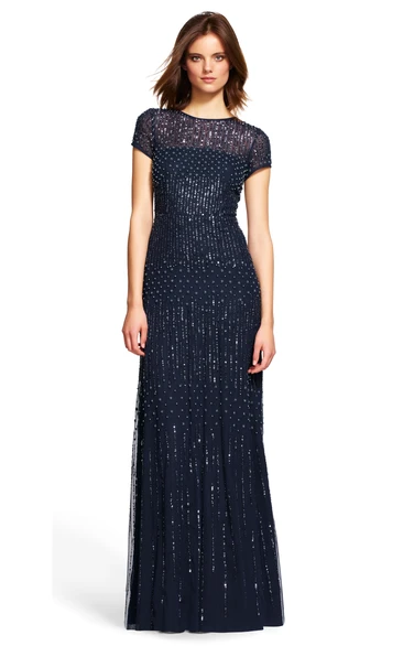 Jewel-Neck Short Sleeve Sequined Dress With Beading And Zipper