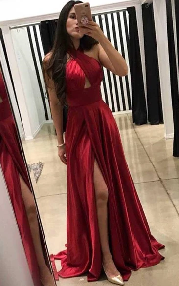 Red Chiffon Front Split Sexy Halter Formal Prom Dress